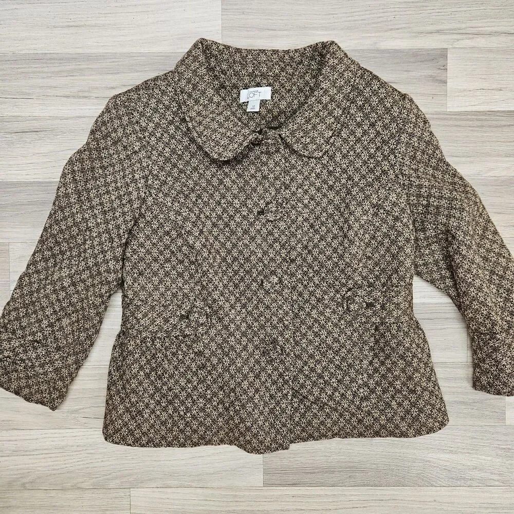 Loft Womens Brown Wool Blend Tapestry Tweed Blazer Size 12
